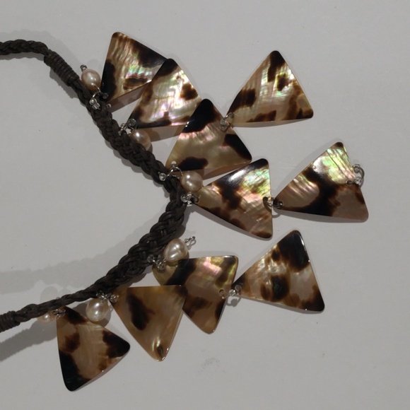 Braided Brown Cord Beaded Seashell Triangle Shape Necklace - Women's Jewelry - Picture 7 of 7